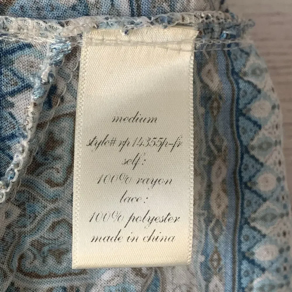 Alya Blue and Cream Paisley Medallion Romper with Crochet Lace Trim Size M